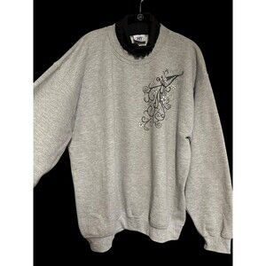 Vintage 90s PFI Fashions Gray Floral Sweatshirt with Mock Neck Ruffle Collar